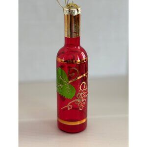 Red Wine Bottle Christmas Ornament With Gold Details & Grape Leaf Design